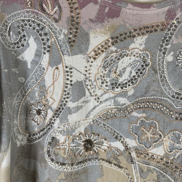 Chico's Blouse Women's Large Pink Purple Floral Beaded Round Neck Cotton Blend - Picture 7 of 12